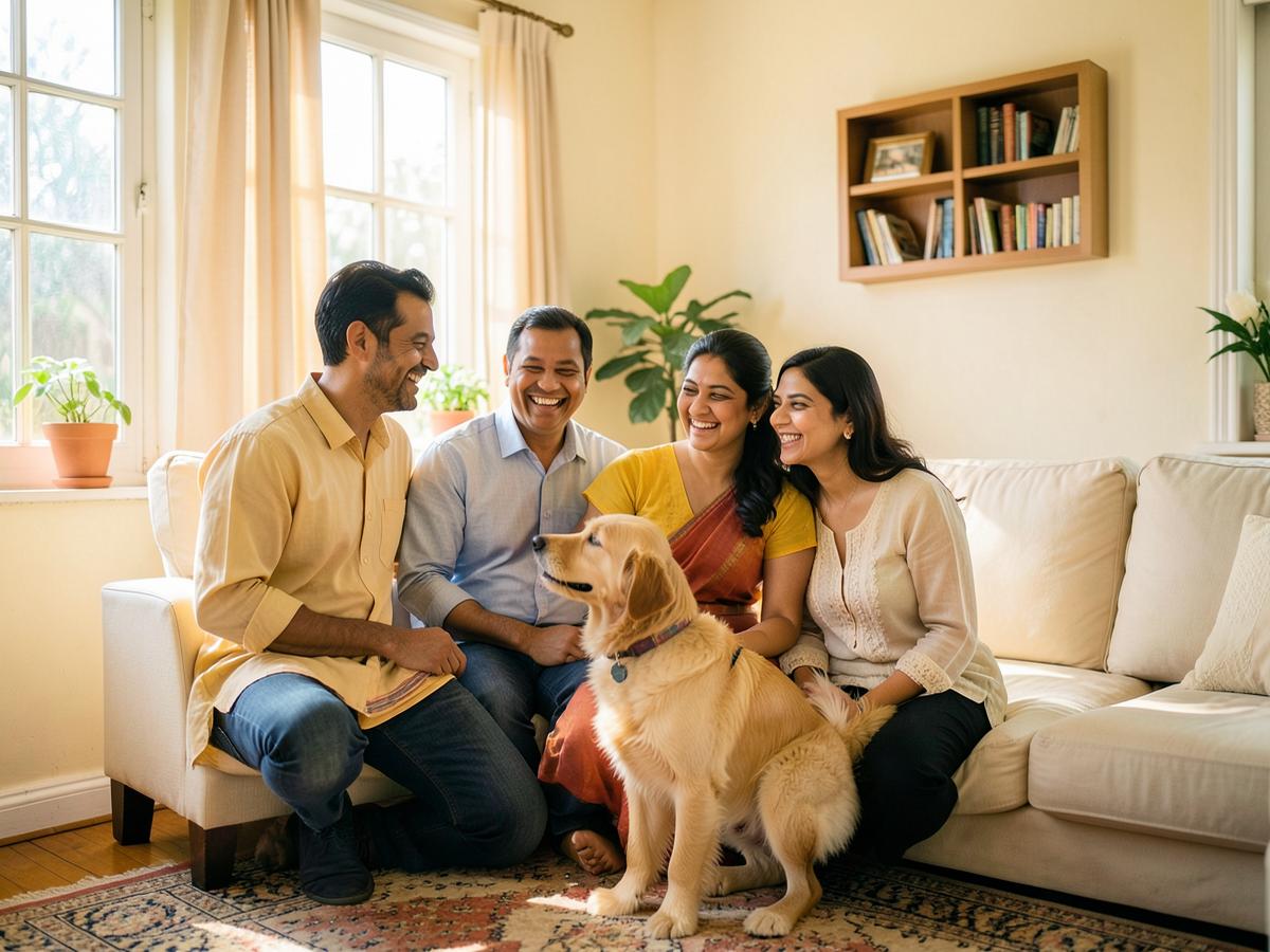 Pet parents at home with their dog before a home veterinary visit